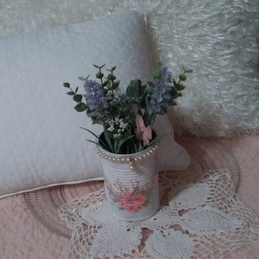 Unique Romantic Shabby Chic Tin Can Vase with Frosted Greenery & Faux Pearls